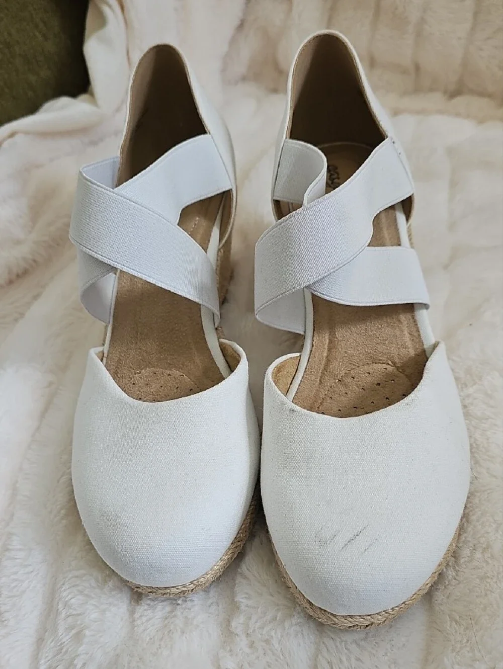 easy street White Espadrille Wedge Sandals with Cross Straps